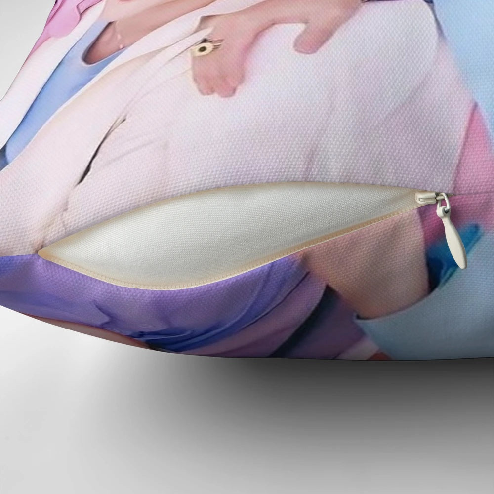 A vintage-inspired decorative pillow featuring the members of the popular K-pop group BTS.