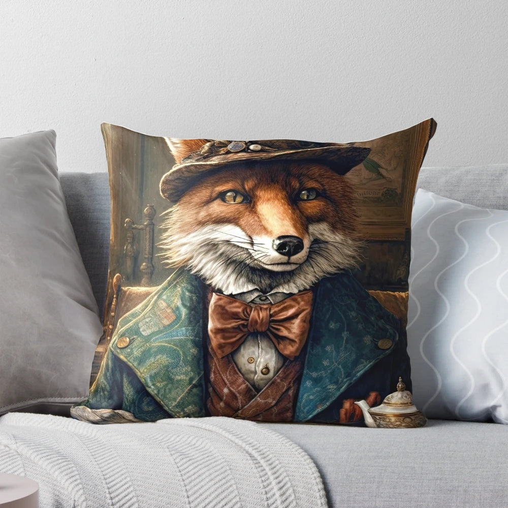 Vintage-style decorative throw pillow featuring an illustrated fox in a whimsical, literary style.