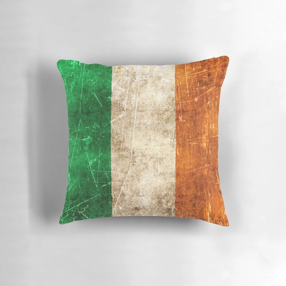 Vintage-style distressed Irish flag printed on a throw pillow