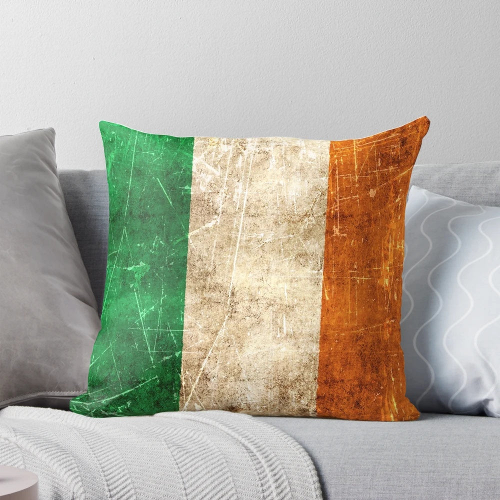 Vintage-style distressed Irish flag printed on a throw pillow