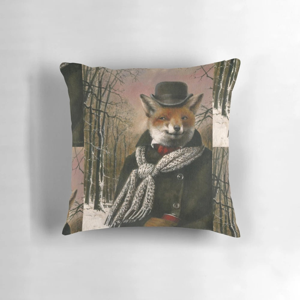 Vintage-style fox in a winter snow scene on a decorative accent pillow