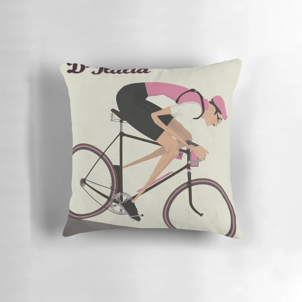 Vintage-style Giro d'Italia cycling pillow featuring a classic bicycle design