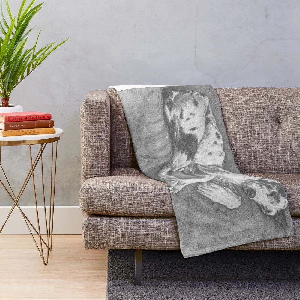 Vintage-style pencil drawing of a sleeping Great Dane dog