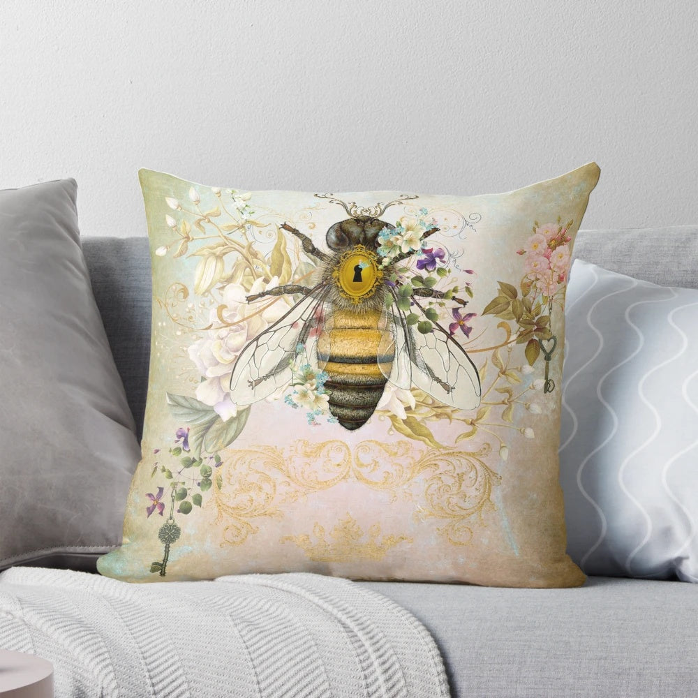 Vintage-style honey bee portrait design decorative throw pillow