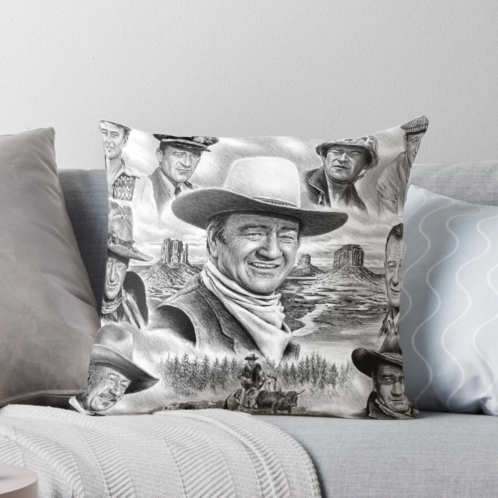 A collage pillow featuring the iconic image of American actor John Wayne, known as "The Duke."