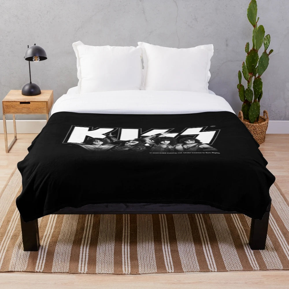 Vintage-style plush blanket featuring the members of the rock band Kiss