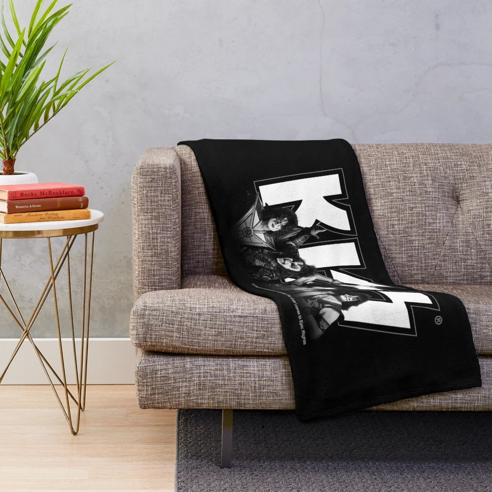 Vintage-style plush blanket featuring the members of the rock band Kiss