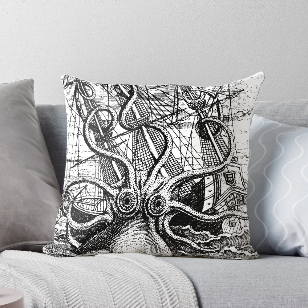 Vintage-style illustration of a giant kraken or sea monster attacking a sailing ship on a decorative throw pillow.