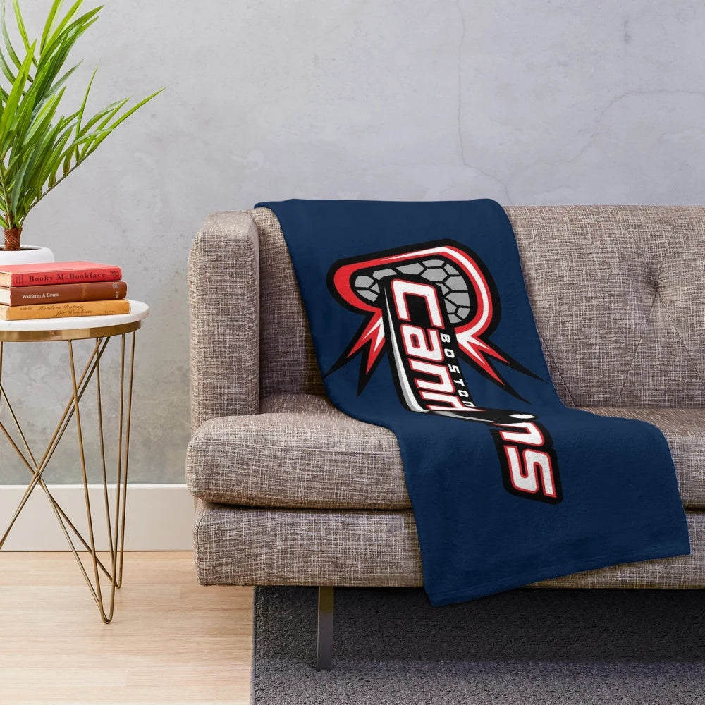 Vintage-style lacrosse plush blanket with cartoon logo
