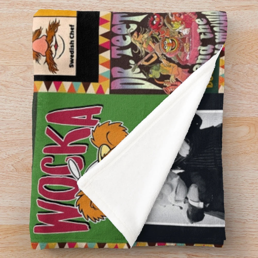 Vintage-style plush blanket featuring a collage of photos from the classic TV series The Muppet Show