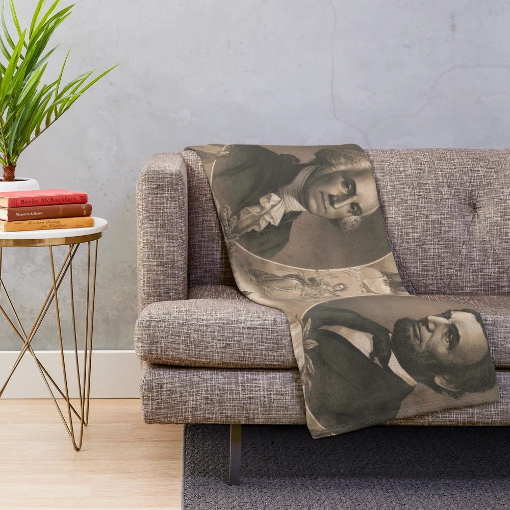 Vintage style plush blanket featuring portraits of US Presidents George Washington and Abraham Lincoln