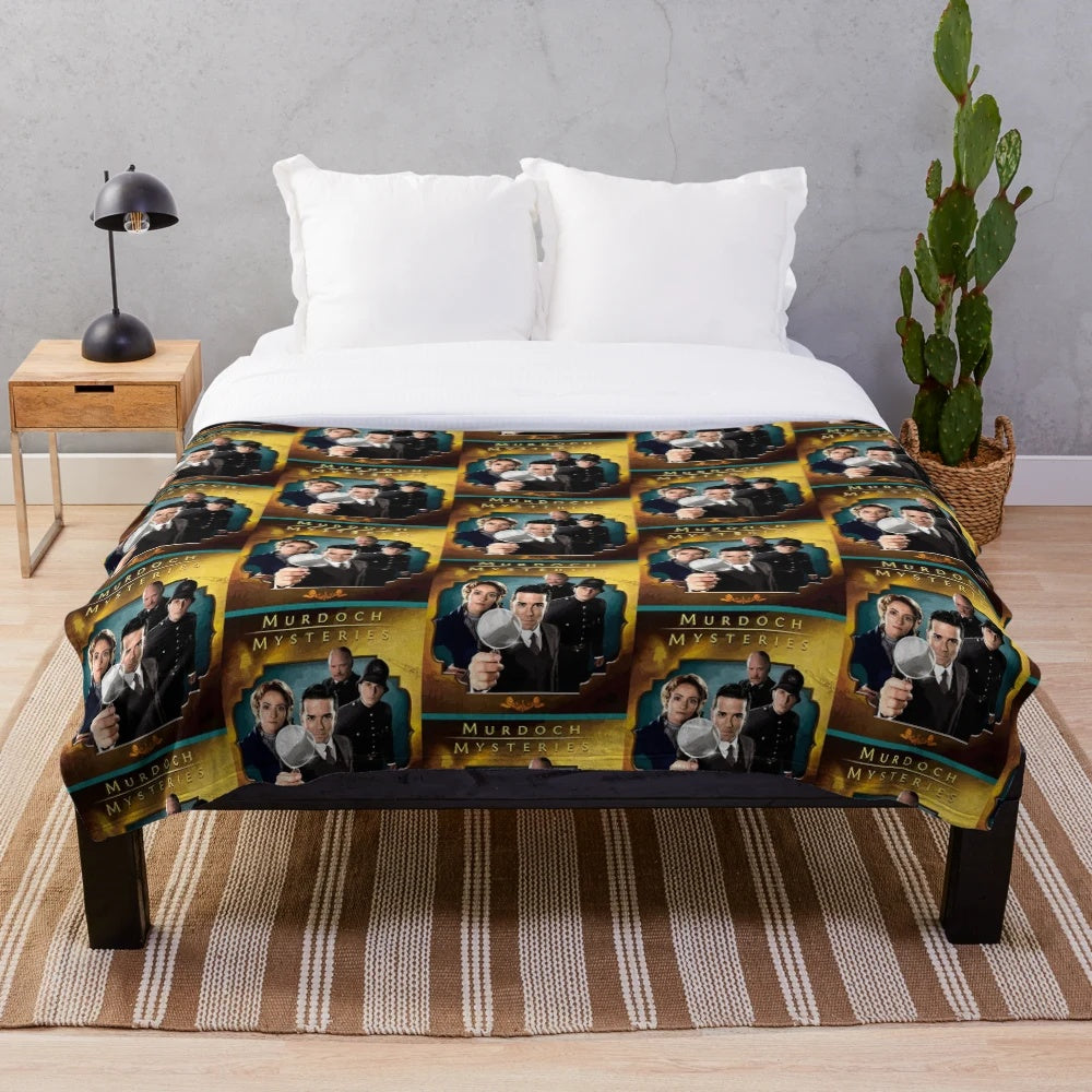 Vintage style plush blanket featuring characters from the Murdoch Mysteries television show