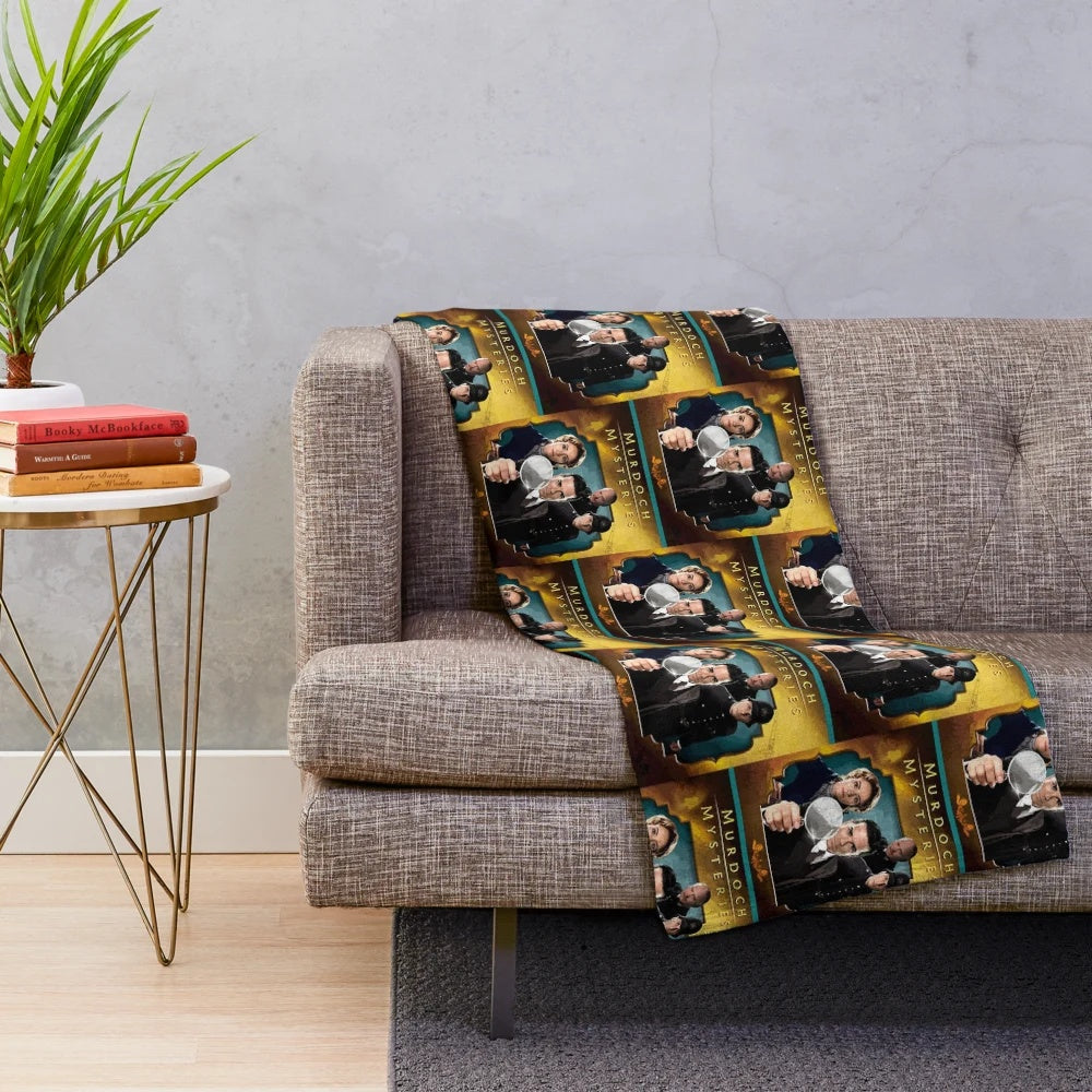 Vintage style plush blanket featuring characters from the Murdoch Mysteries television show