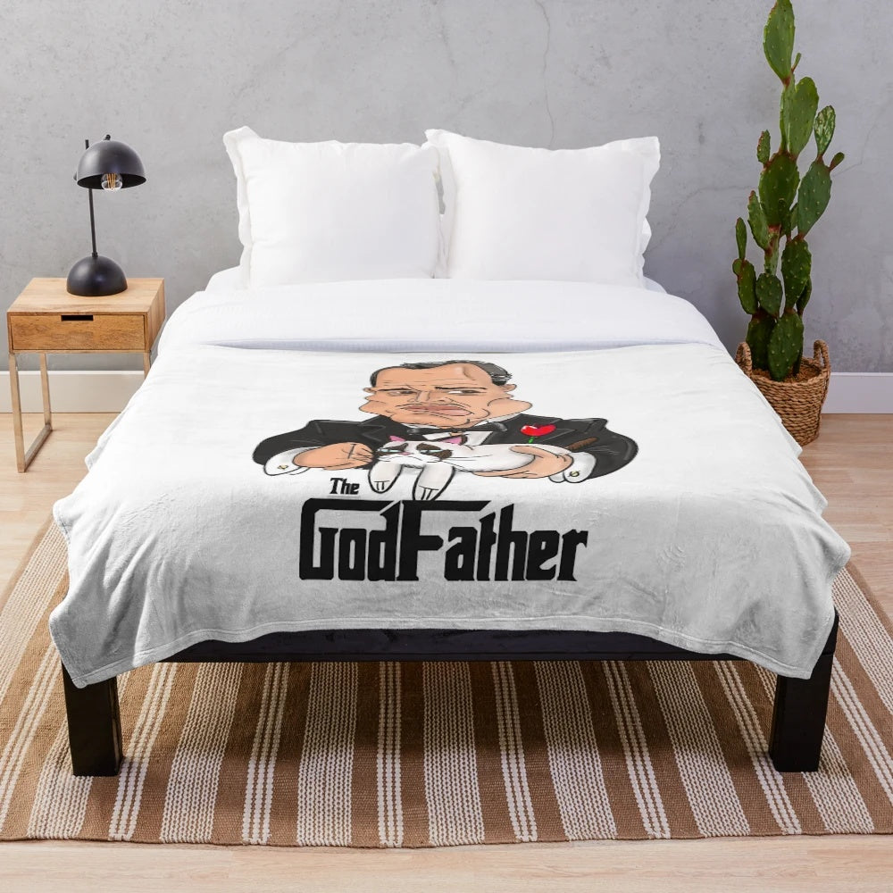 Vintage-style plush blanket featuring The Godfather movie imagery and classic cinema gangster design
