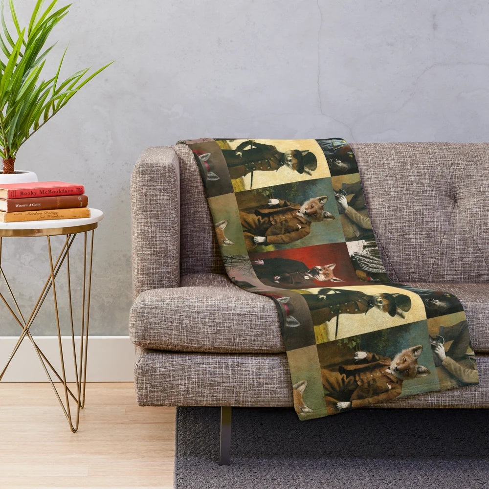 Vintage and historical style plush blanket featuring charming fox illustrations