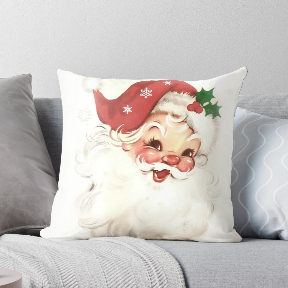 Red retro vintage santa-themed throw pillow for holiday home decor