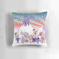 Vintage-style throw pillow featuring Rudolph the Red-Nosed Reindeer and the Island of Misfit Toys from the classic Rankin/Bass Christmas special.