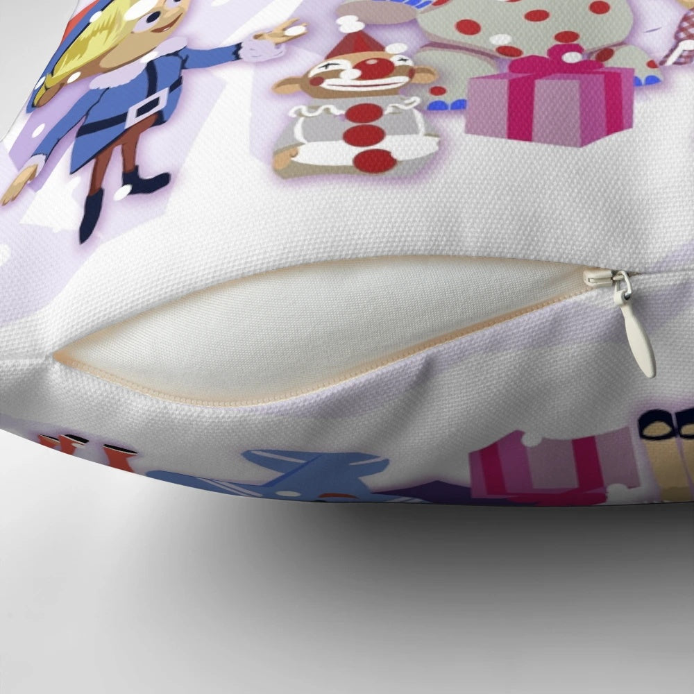 Vintage-style throw pillow featuring Rudolph the Red-Nosed Reindeer and the Island of Misfit Toys from the classic Rankin/Bass Christmas special.