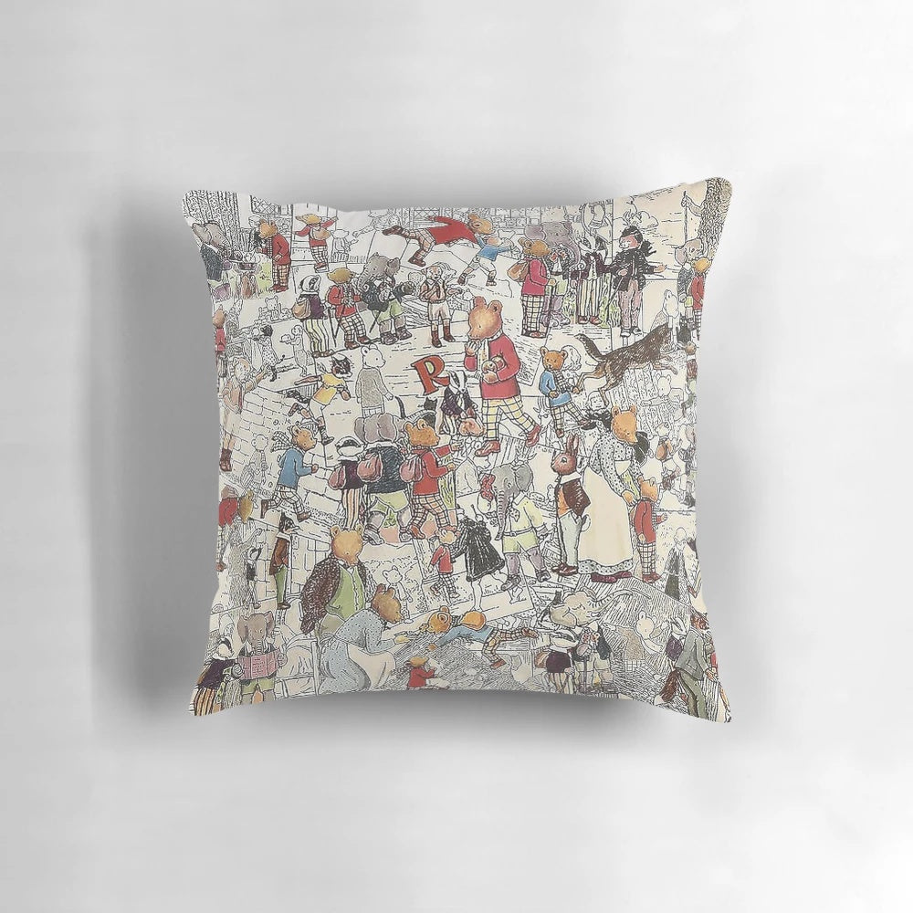 Colorful Rupert Bear inspired throw pillow with collage-style artwork featuring characters like Algy and Billy Badger.