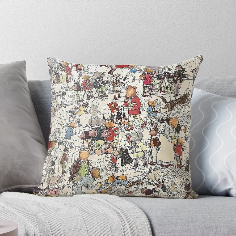 Colorful Rupert Bear inspired throw pillow with collage-style artwork featuring characters like Algy and Billy Badger.