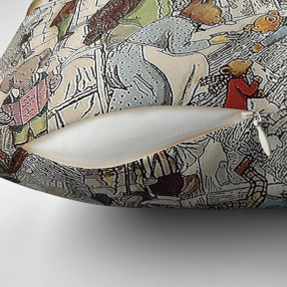 Colorful Rupert Bear inspired throw pillow with collage-style artwork featuring characters like Algy and Billy Badger.