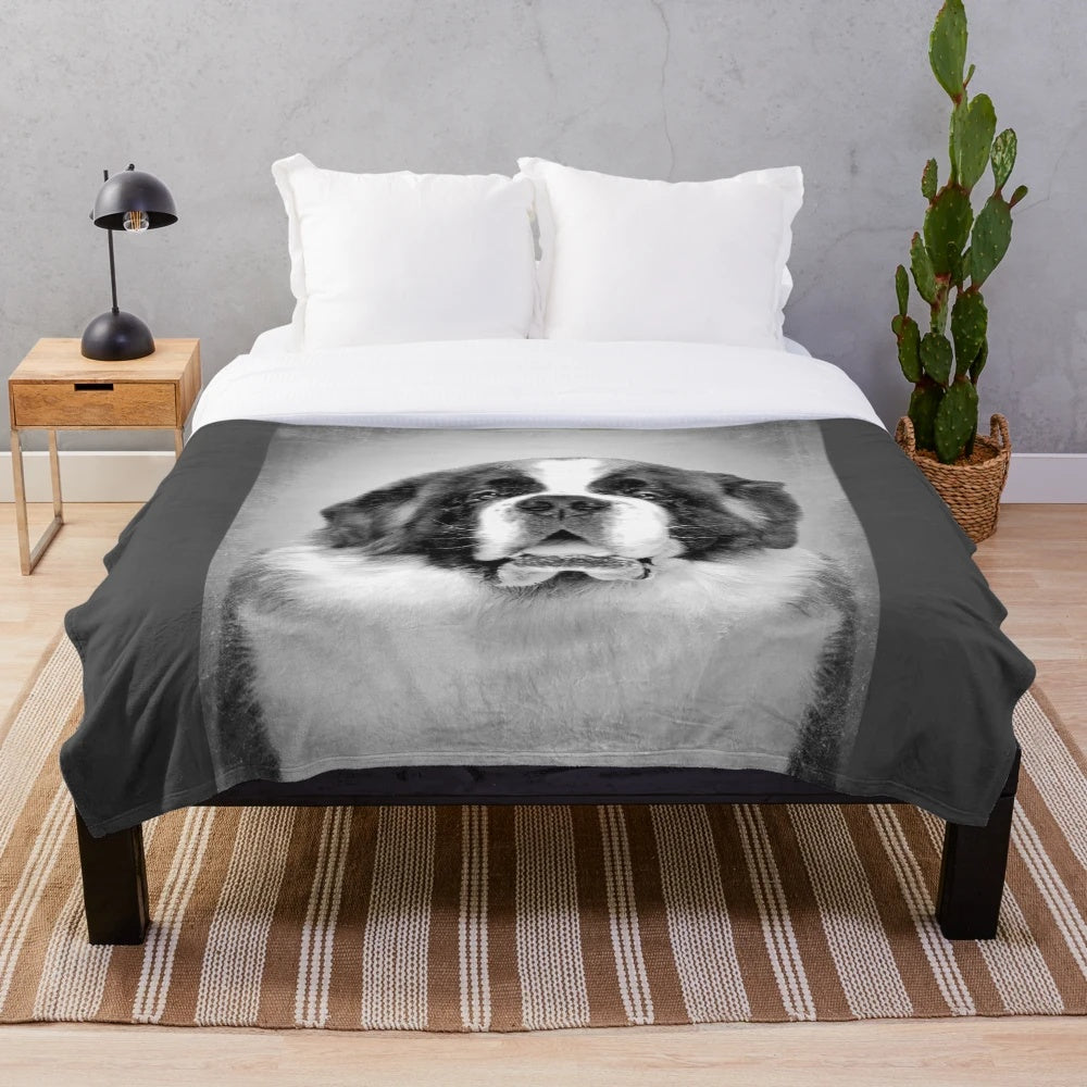 Vintage-style black and white portrait of a Saint Bernard dog on a plush blanket