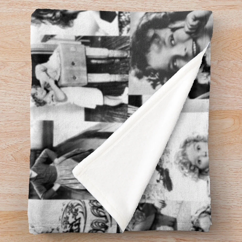 Shirley Temple Collage Plush Blanket featuring vintage black and white photographs of the classic Hollywood actress