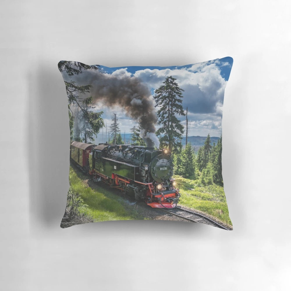 Vintage-style pillow featuring a steam locomotive from the Harz narrow gauge railways in Germany.