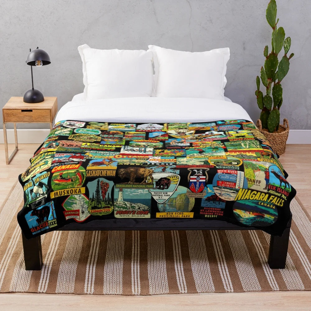 Sticker bomb pattern plush blanket with vintage Canada travel imagery