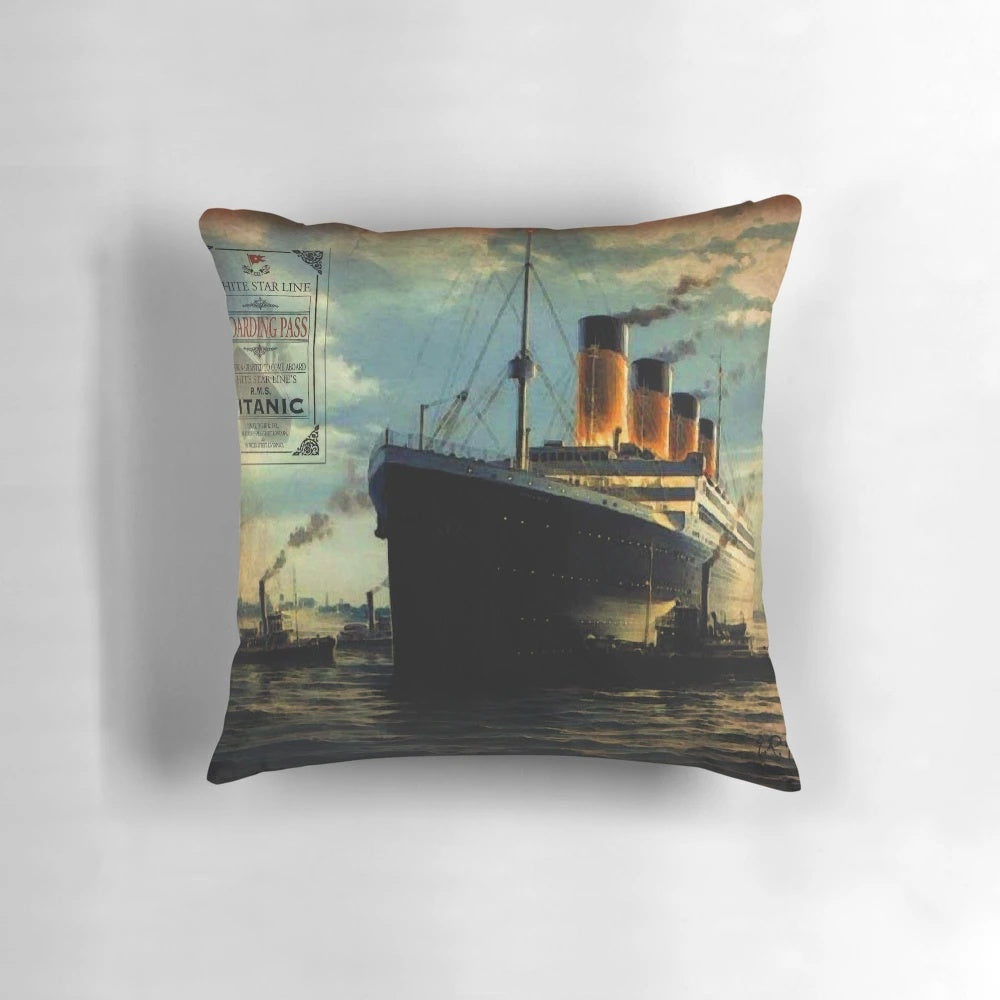 Vintage-Style Titanic Ship Pillow with Boarding Pass Design