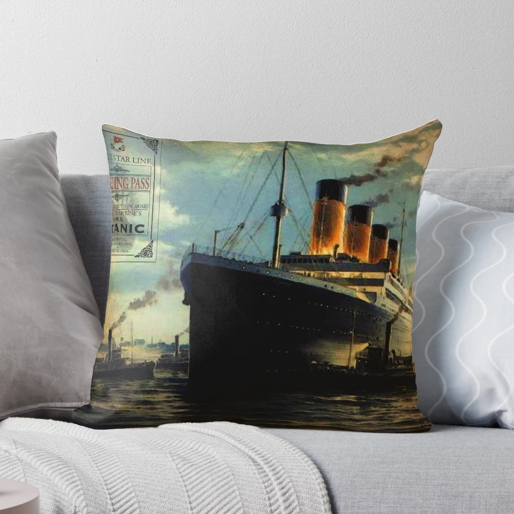 Vintage-Style Titanic Ship Pillow with Boarding Pass Design