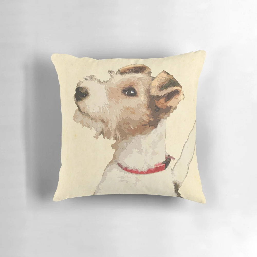 Vintage-style illustration of a wire-haired terrier dog on a decorative pillow