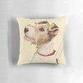 Vintage-style illustration of a wire-haired terrier dog on a decorative pillow