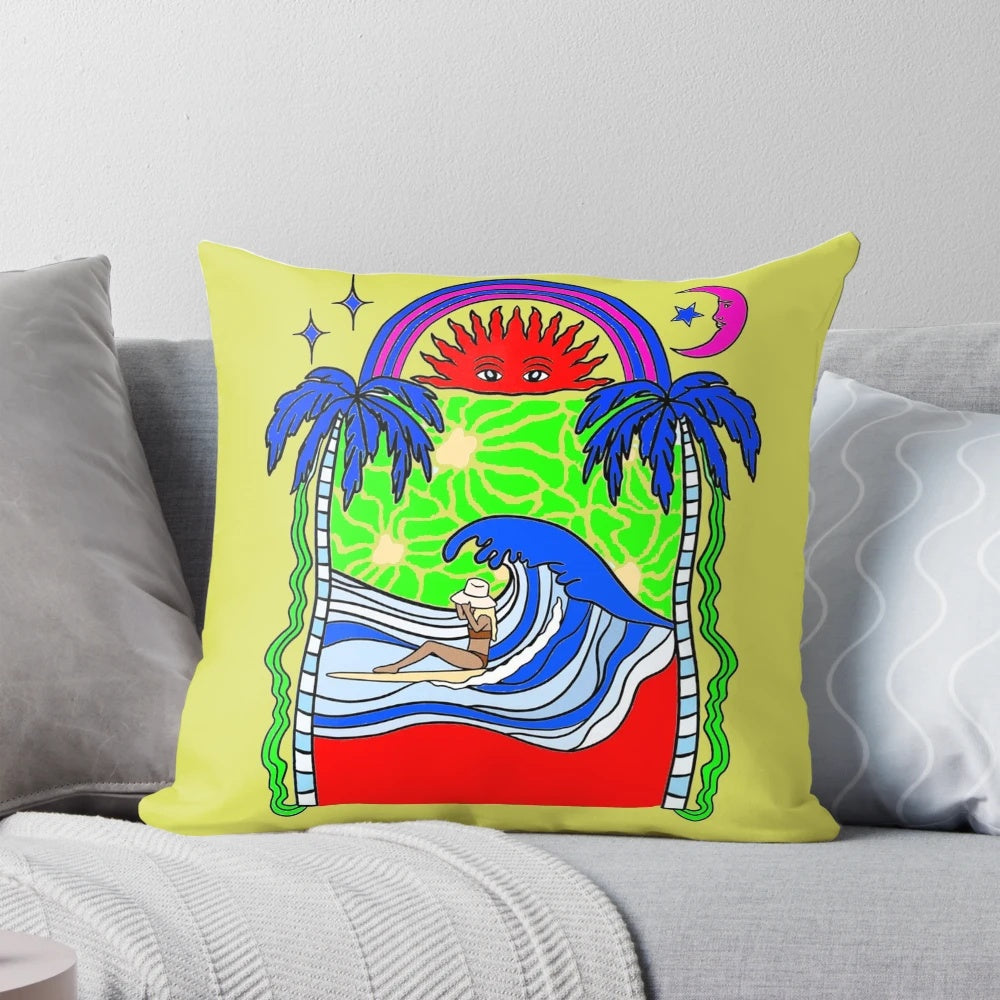 Vintage-style drawing of a summer beach scene on a decorative throw pillow.
