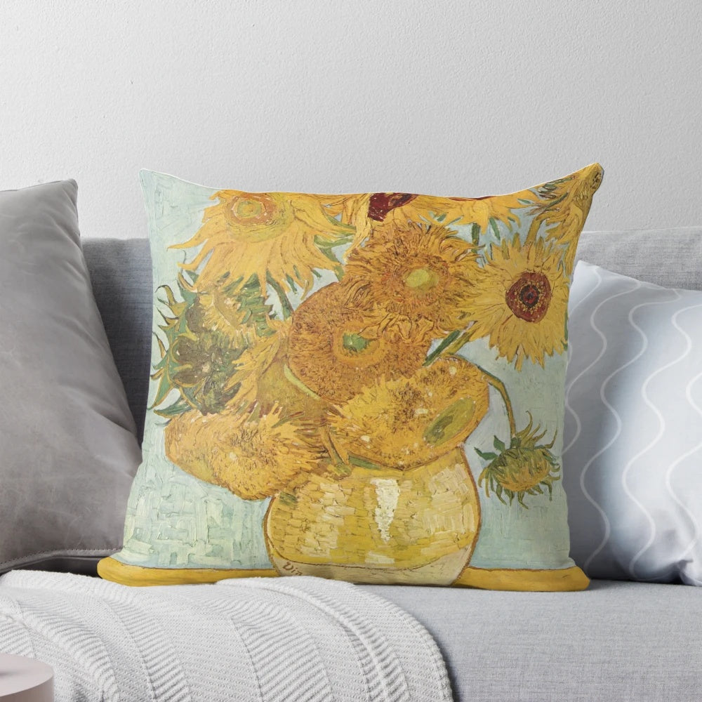 Vibrant yellow sunflowers in the style of the classic Van Gogh painting on a decorative throw pillow.