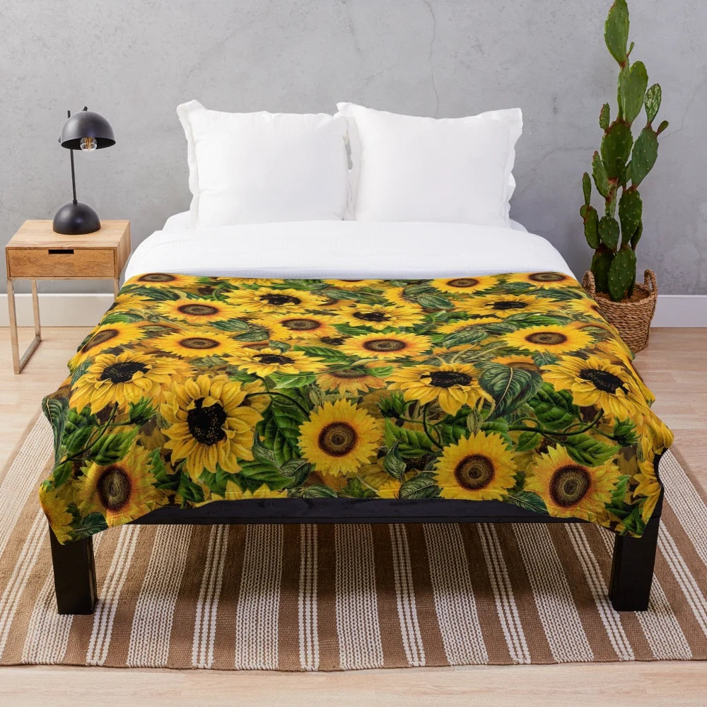 Vintage sunflowers pattern plush blanket