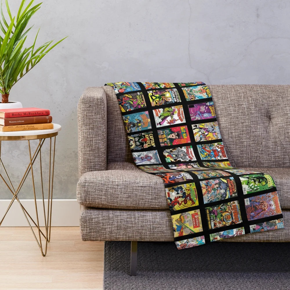 Vintage superhero and comic book villain retro pattern plush blanket