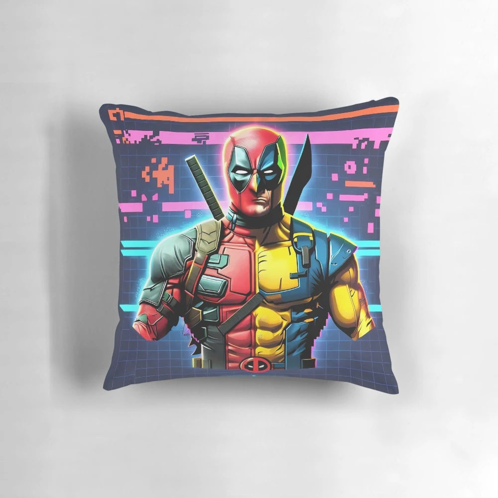 Vintage-style pillow featuring a heroic duel between iconic Marvel and DC superheroes