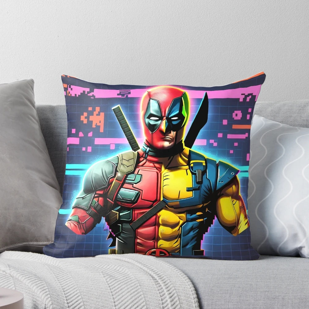 Vintage-style pillow featuring a heroic duel between iconic Marvel and DC superheroes