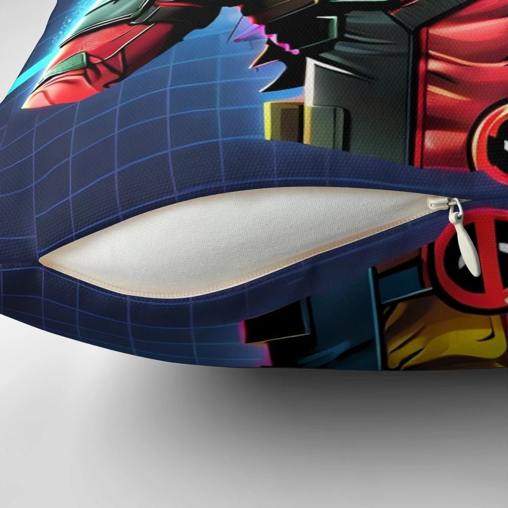 Vintage-style pillow featuring a heroic duel between iconic Marvel and DC superheroes