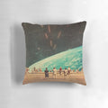 A vintage, surreal-inspired pillow featuring a collage of people, planets, and celestial elements for an otherworldly, sci-fi inspired home decor touch.