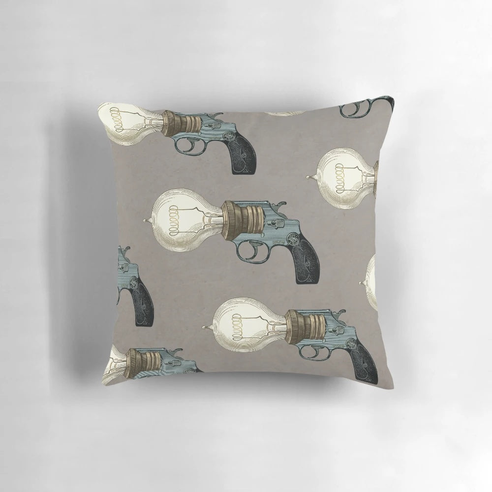 Vintage collage-style pillow with 'Tariff Deficit' text and surrealist imagery