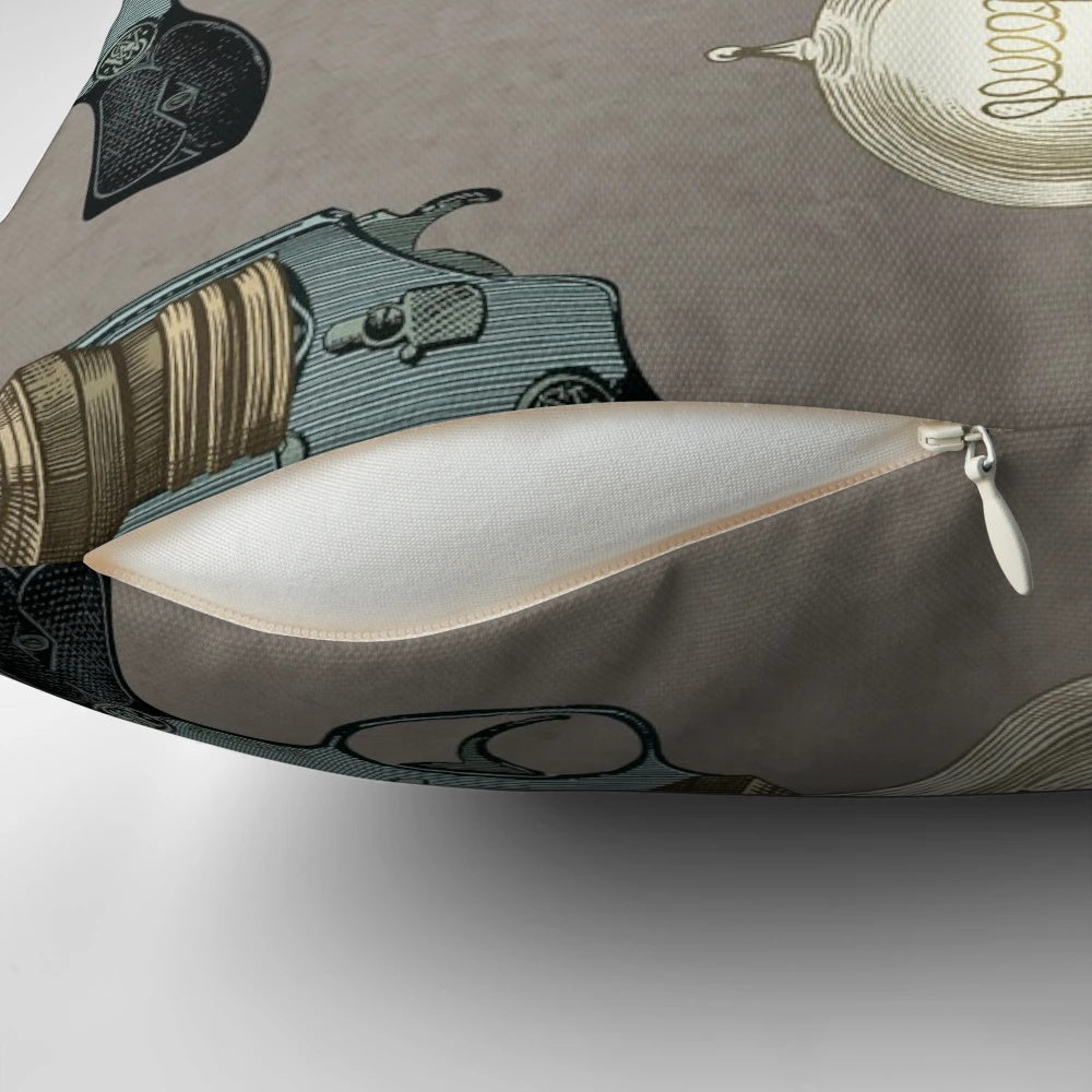 Vintage collage-style pillow with 'Tariff Deficit' text and surrealist imagery