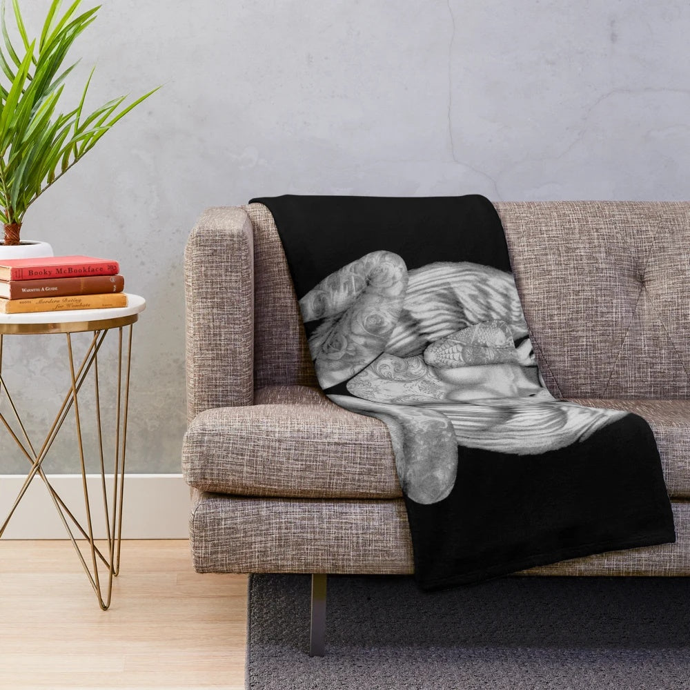 Vintage plush blanket featuring a surreal abstract print of Marilyn Monroe as a tattooed angel