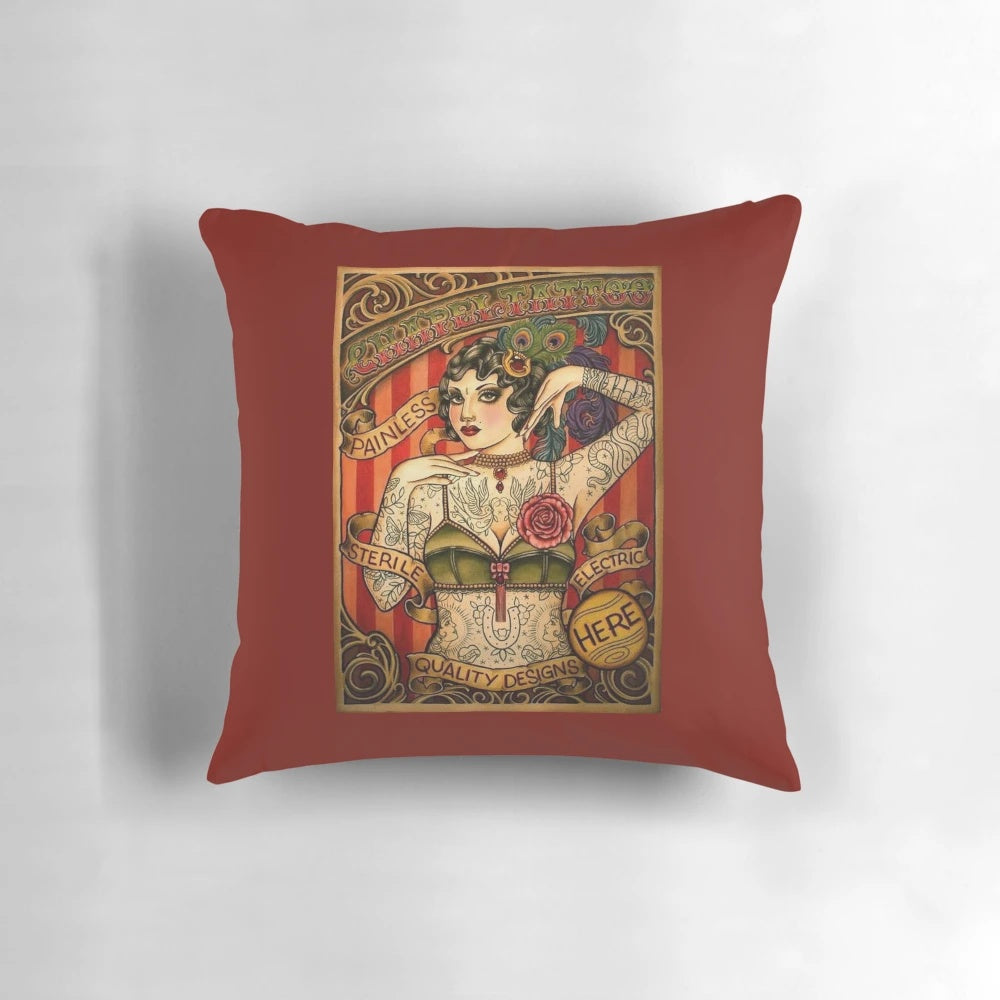 Vintage-inspired pillow featuring a tattooed female figure in a floral tattoo design.