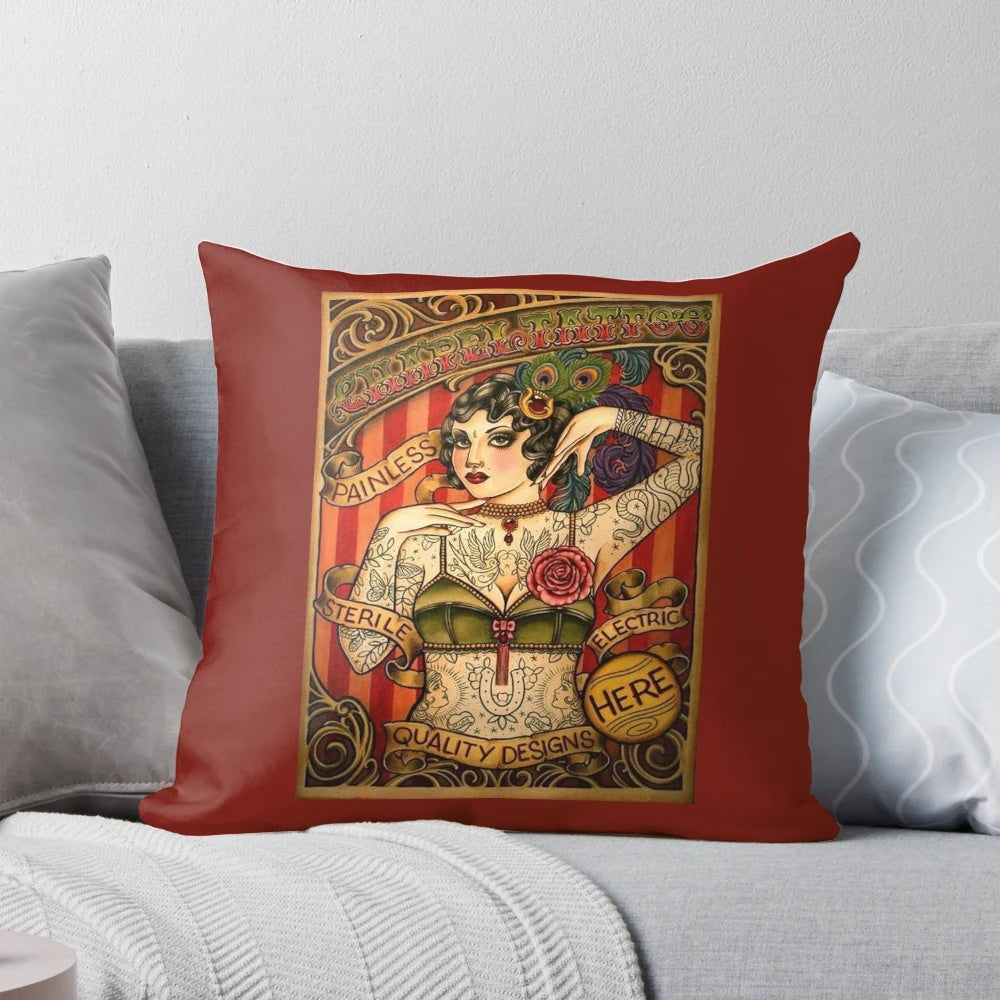 Vintage-inspired pillow featuring a tattooed female figure in a floral tattoo design.