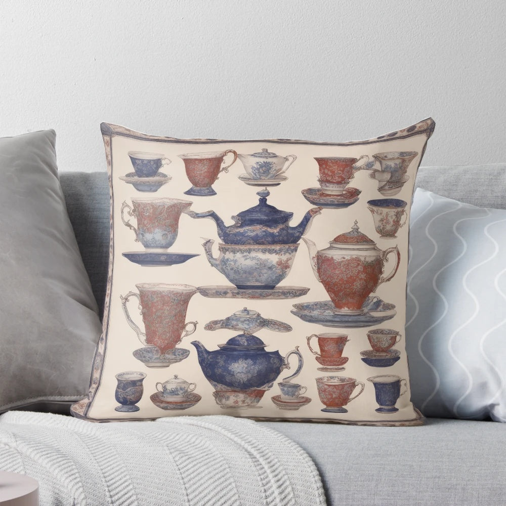 Vintage-inspired teacup pattern decorative pillow for shabby chic home decor