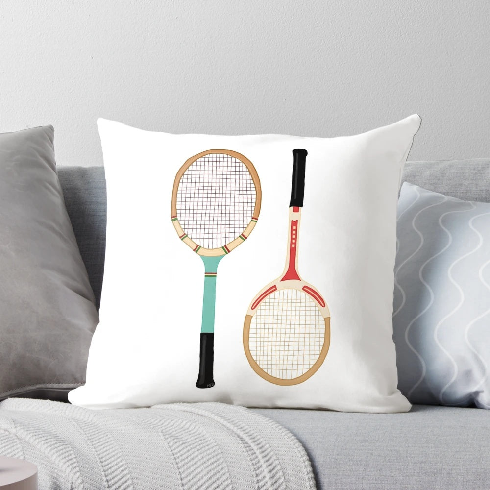 Vintage-inspired throw pillow featuring colorful, stylish tennis rackets for tennis enthusiasts
