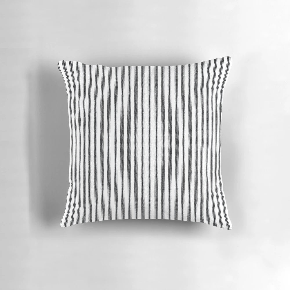 Vintage-inspired black and white ticking stripe pillow for home decor