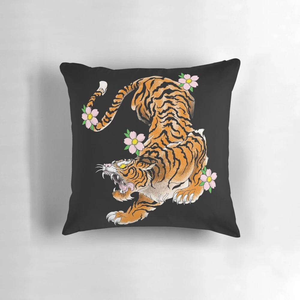 Vintage-style graphic pillow design featuring a tiger, a popular traditional Japanese tattoo motif.